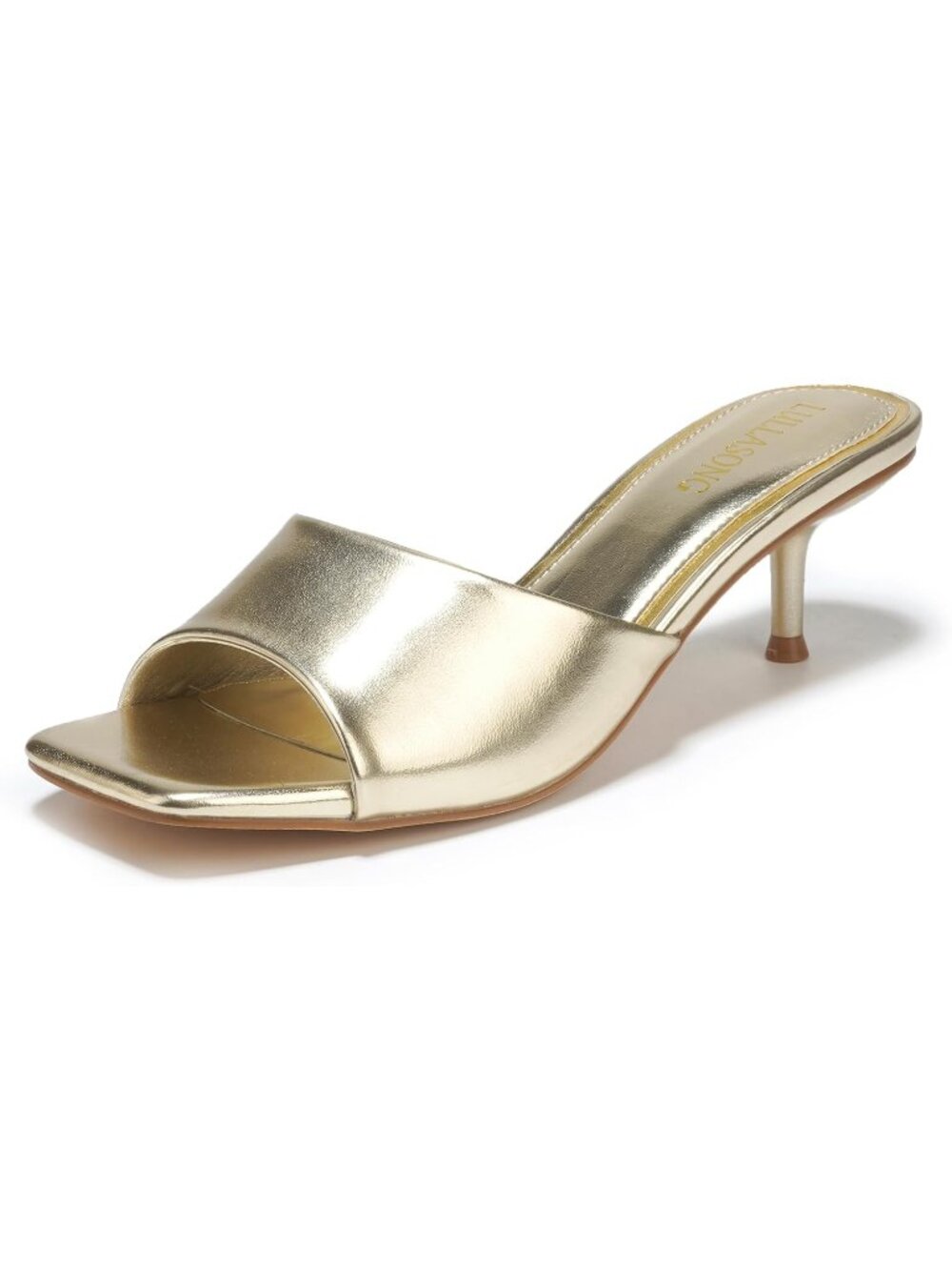 Women's Gold Faux Leather Square Open Toe Low Heel Slip On 2 Inch Heeled Sandal